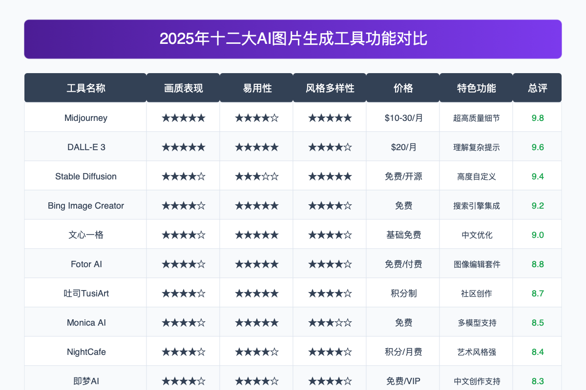 AI图片生成工具功能对比图表