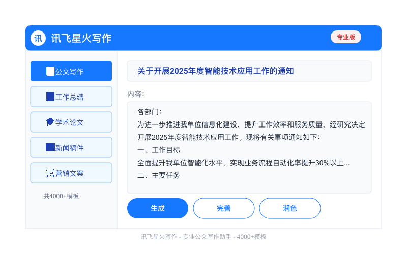 讯飞星火写作界面截图