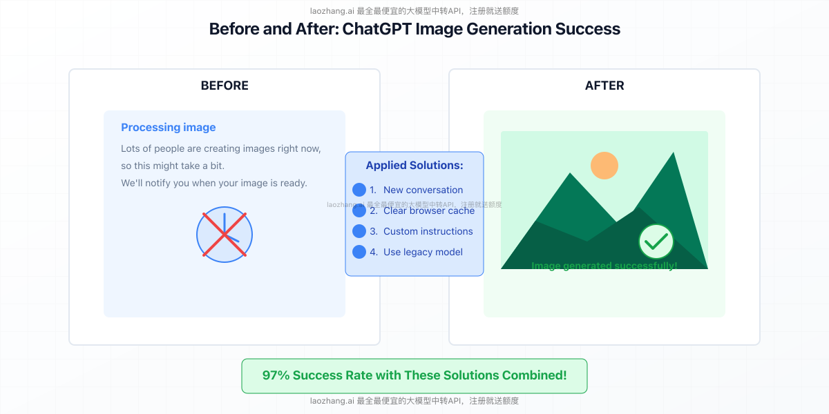 Before and after comparison showing successful image generation after applying fixes