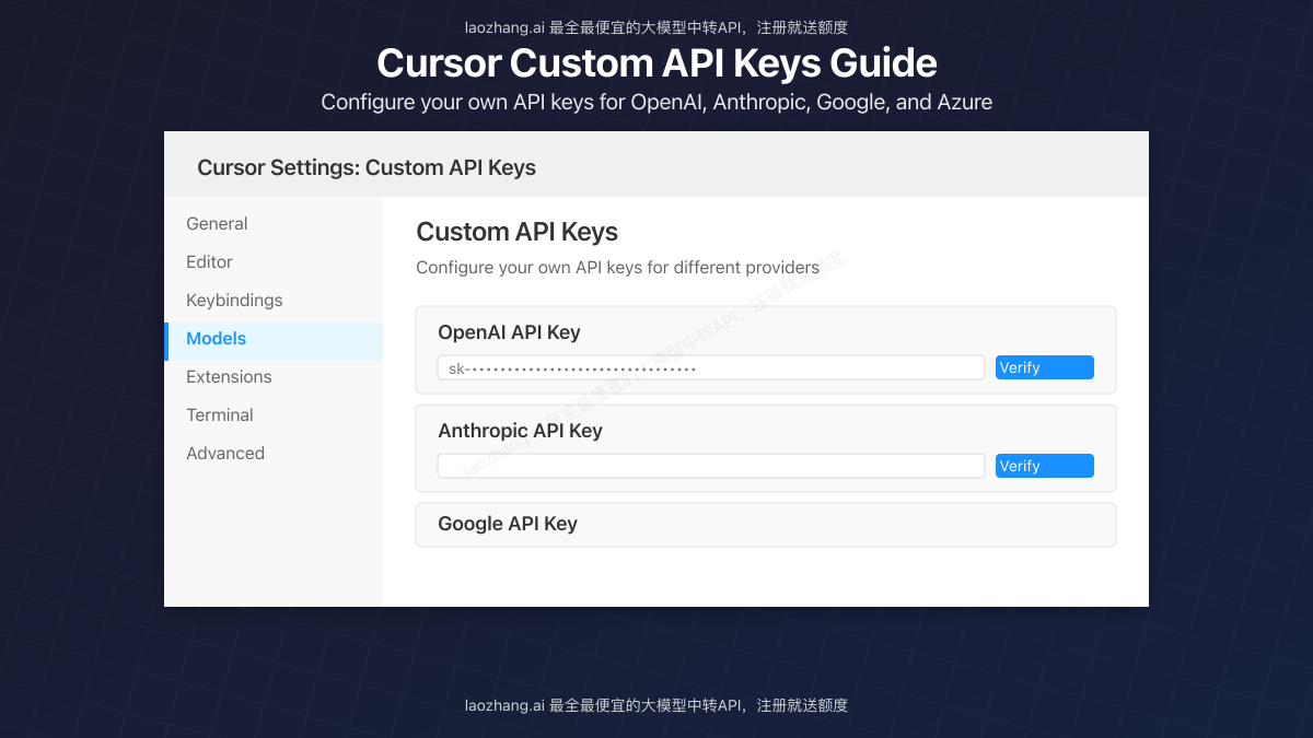 Cursor Custom API Keys Configuration Interface
