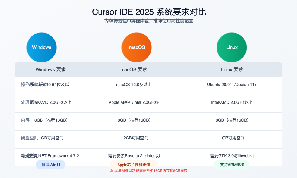 Cursor IDE 2025系统要求对比