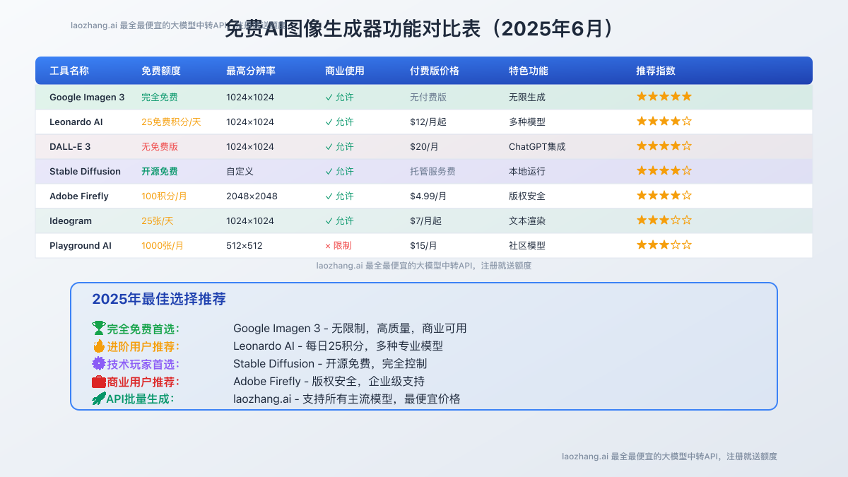 免费AI图像生成器功能对比表