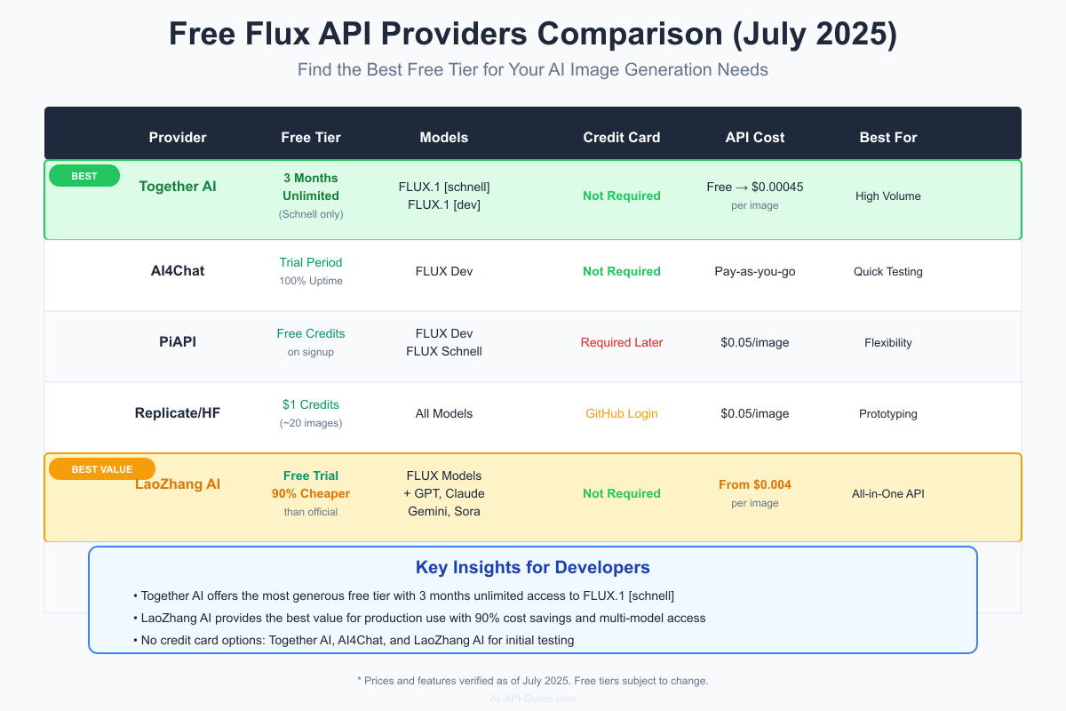 Free Flux API providers comparison table July 2025