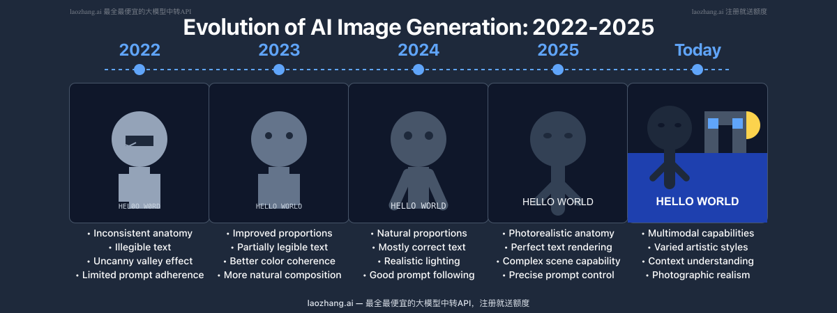 Evolution of AI image generation from 2022 to 2025