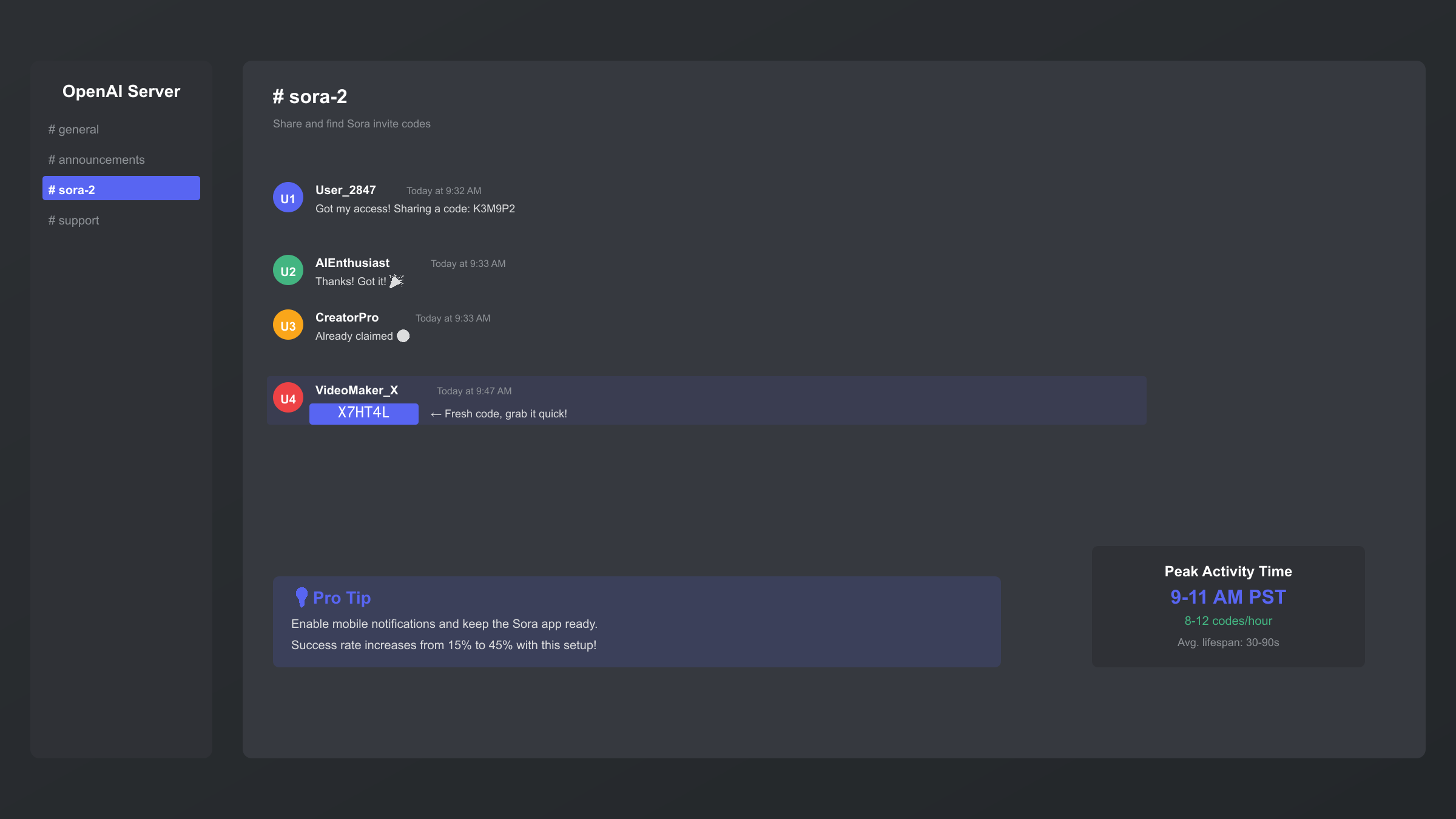 Discord Sora 2 channel showing active invite code sharing