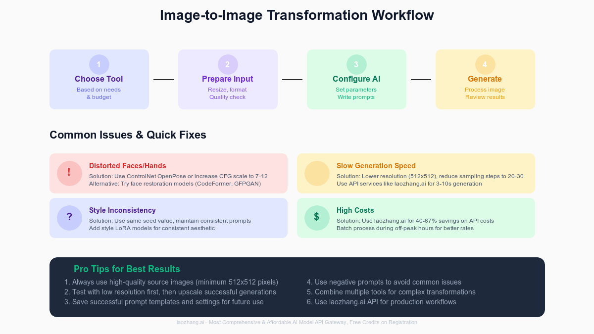 Visual troubleshooting guide showing common image-to-image AI issues and their solutions