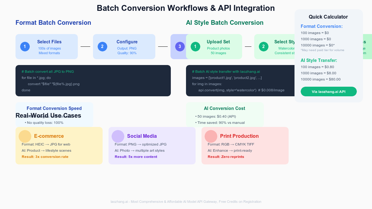 Batch conversion workflows showing format conversion vs AI style transfer processes, with real-world use cases and cost comparisons