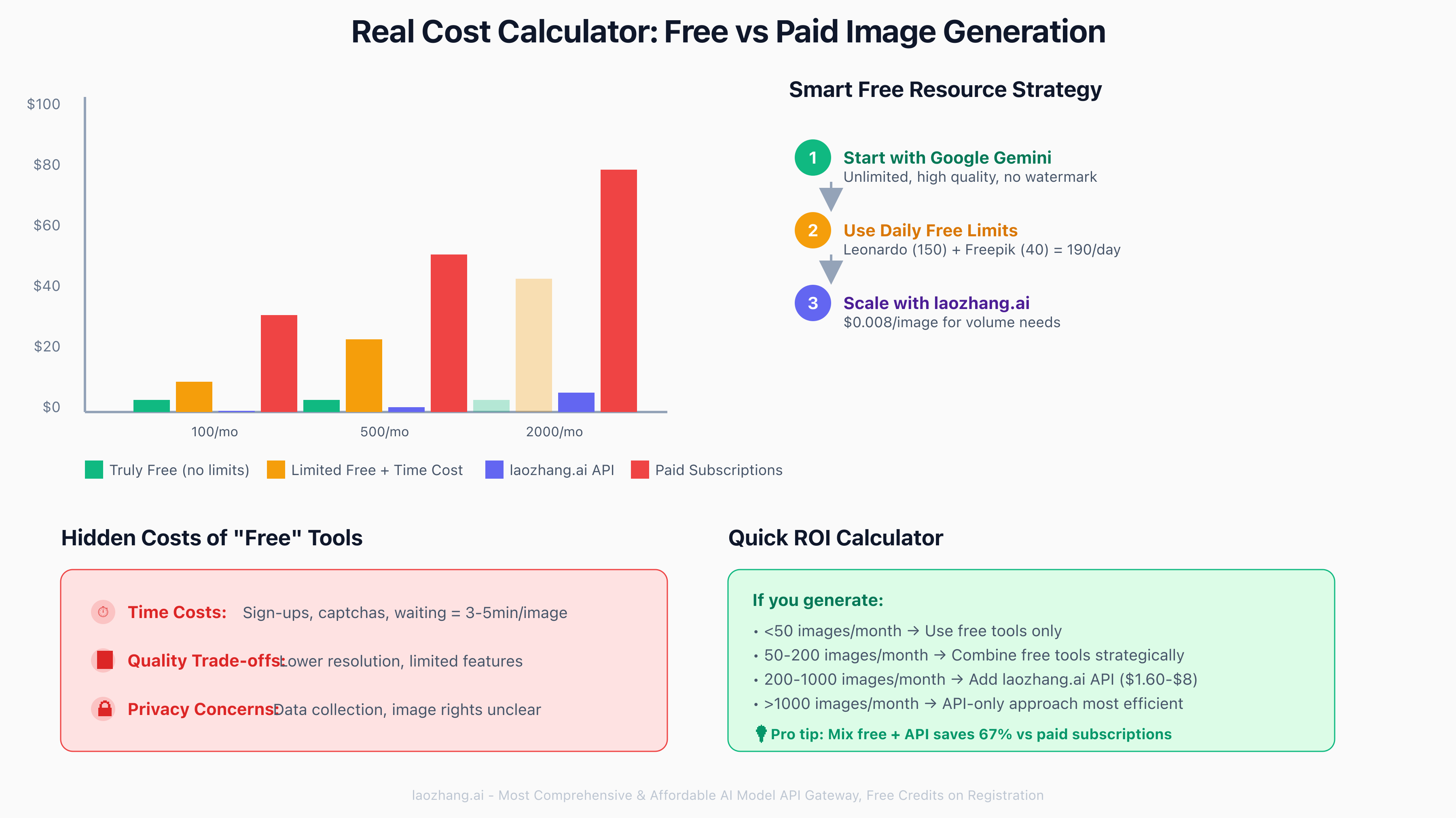 Real cost calculator showing hidden costs of free tools vs transparent API pricing, with ROI breakdowns for different usage levels