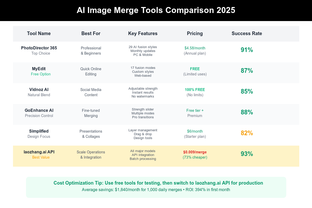 AI Image Merge Tools Comparison showing features, pricing, and success rates