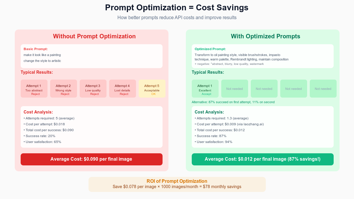 Prompt optimization showing cost savings and success rate improvements
