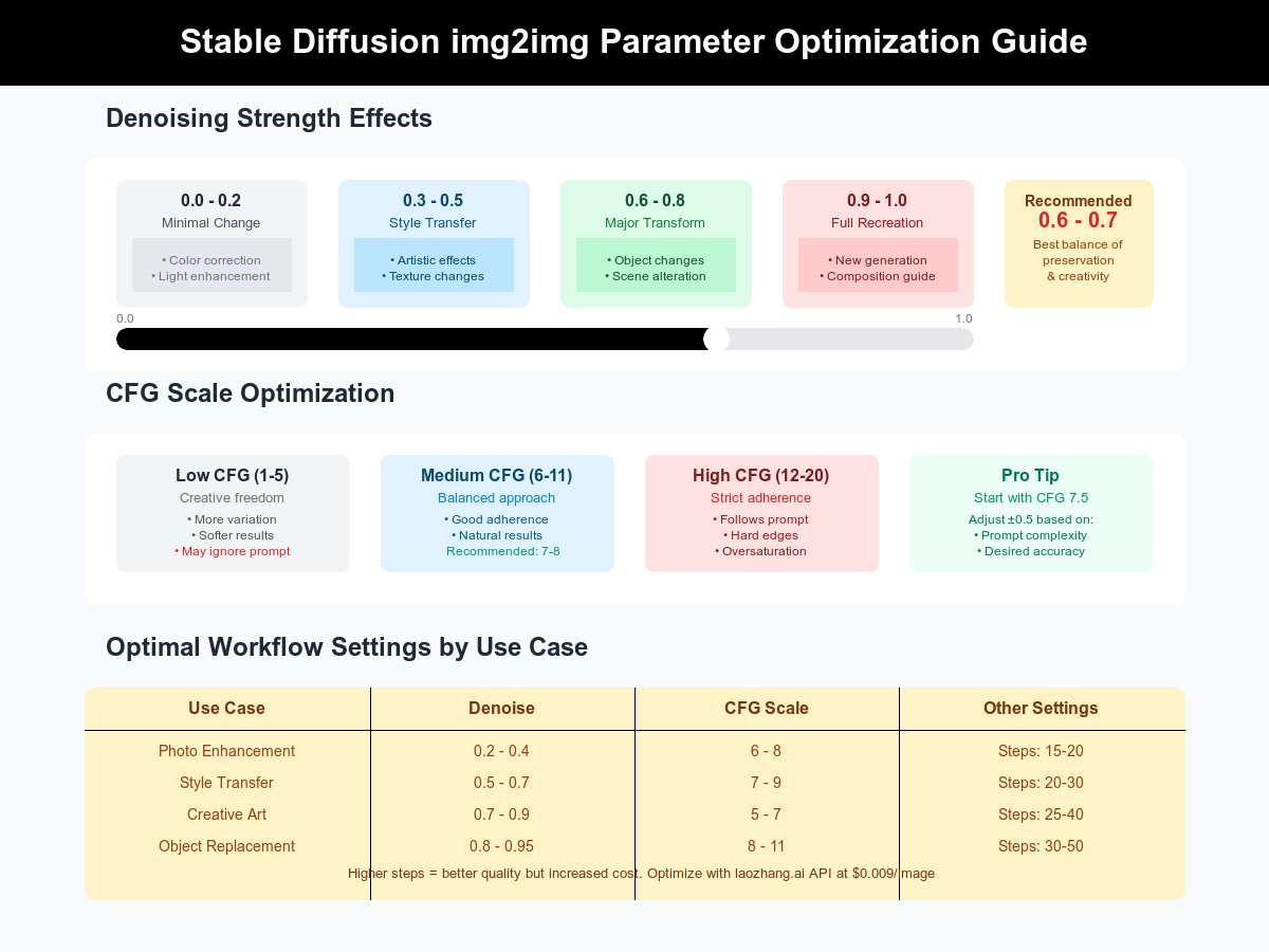 Stable Diffusion img2img Parameter Optimization Guide showing denoising and CFG scale effects