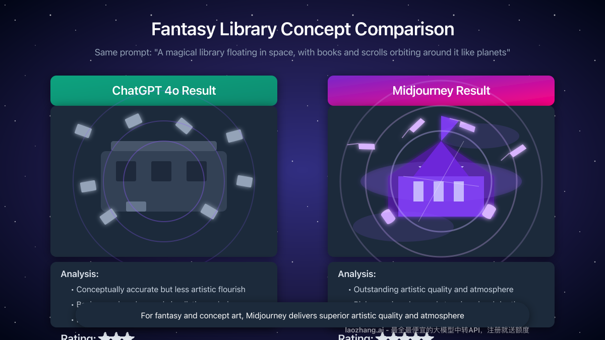 Fantasy library concept comparison between ChatGPT 4o and Midjourney