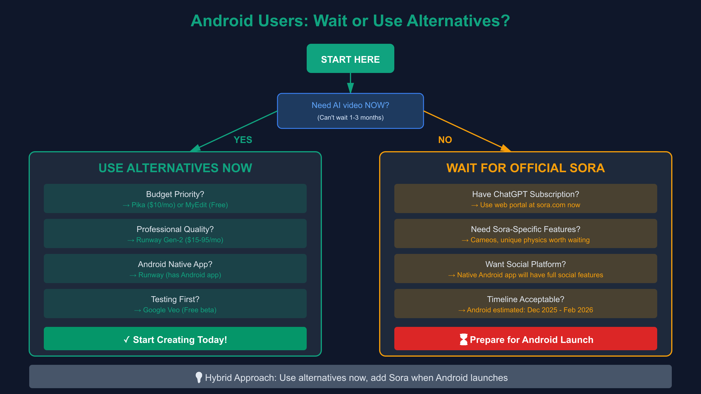 Decision flowchart helping Android users choose between waiting for Sora or using immediate alternatives