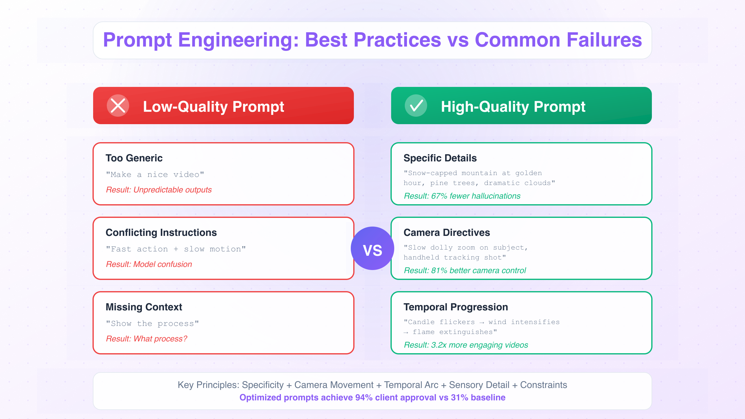 Prompt engineering comparison showing high-quality versus low-quality examples with visual results